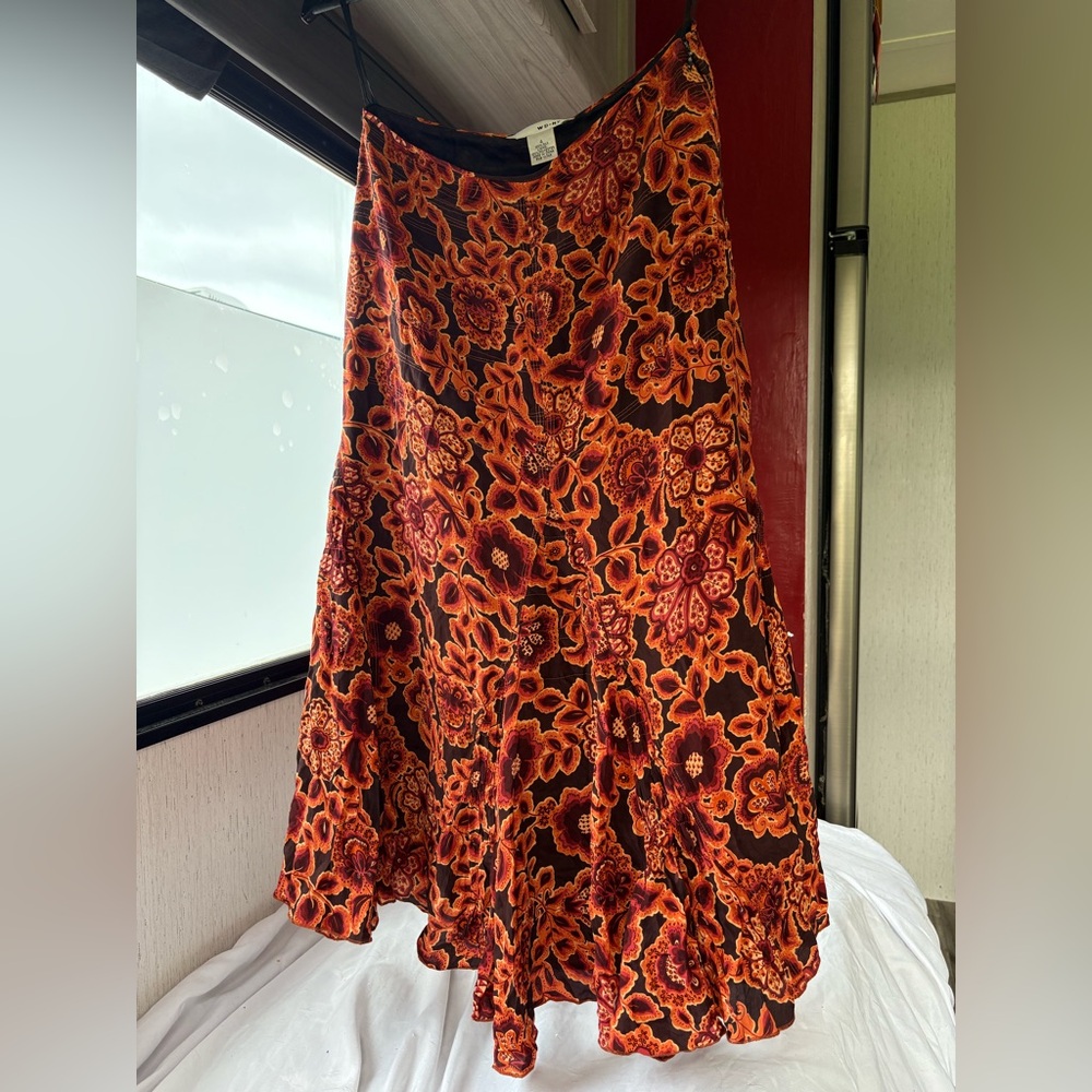 Vintage early 2000s flowy layered long skirt WD.NY Vibrant orange brown Floral